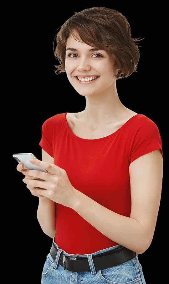 Smiling woman with phone for customer support